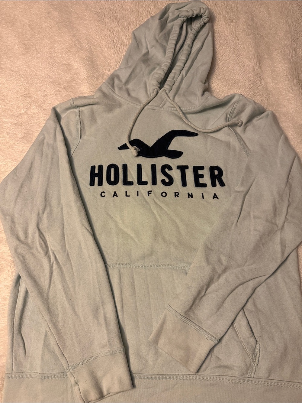 Hollister Men's Light Sage Pullover Hoodie with Navy Blue Logo